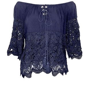 Navy Blue Lace Up Tassel Embroidered Lace Off the Shoulder Crochet Top S Boho